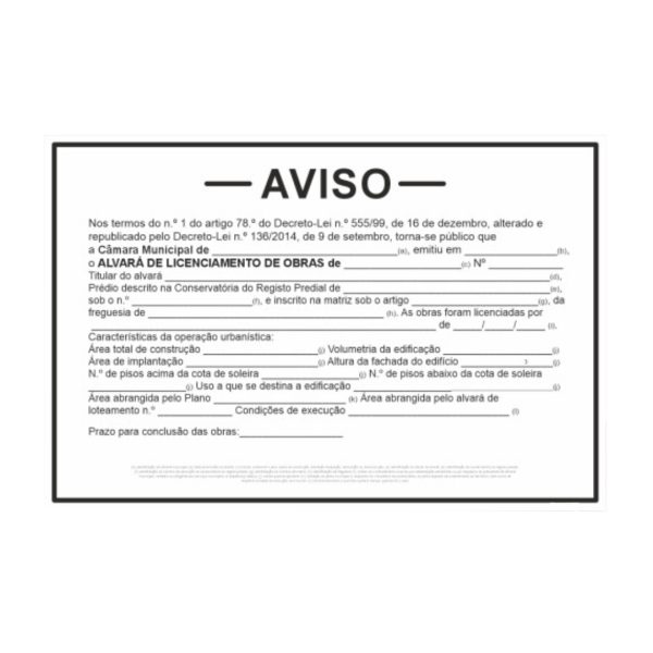 PLACA AVISO MOD2 Placa de Aviso - Alvará de Licenciamento de Obras - MOD. 2 - Horizontal